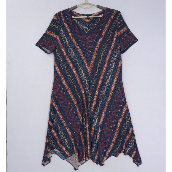 L Ralph Lauren Jersey Southwestern Viscose Handkerchief Hem Dress Plus Size 3X - Picture 1 of 11